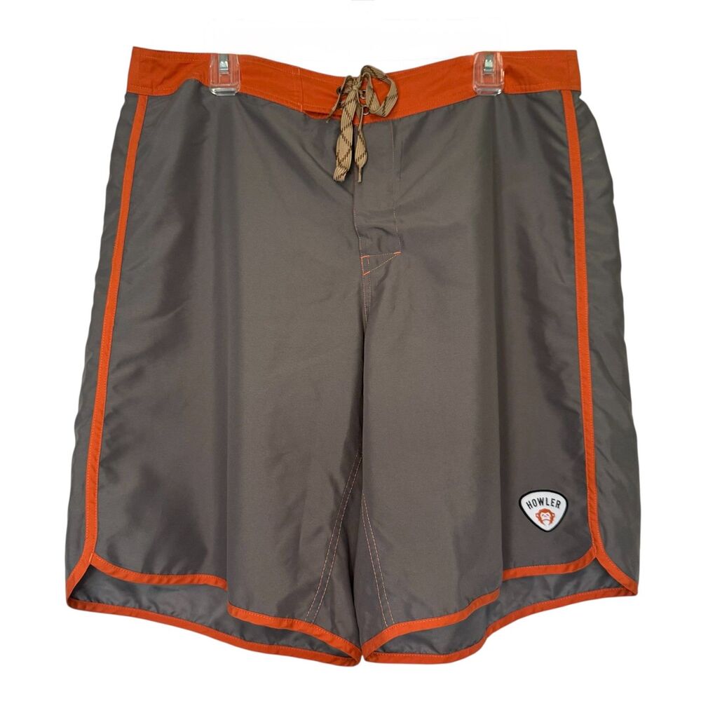 HOWLER BROS men's size 38 gray orange drawstring unlined board swim shorts